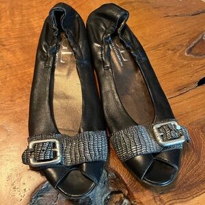 Attilio Giusti Leombruni AGL Black Leather Peep Toe Ballet Flats Size 39.5